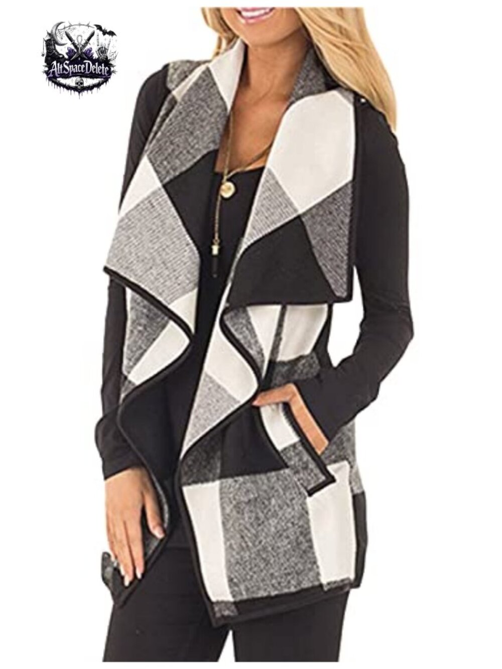 Women Plaid Vest Lapel Open Front Sleeveless Cardigan